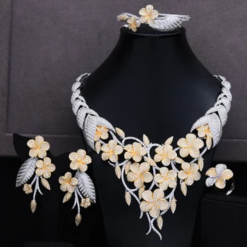

SISCATHY Nigerian 4PCS Women Wedding Jewelry Sets CZ Big Flower Necklace Drop Earrings Bracelet Ring Indian African Jewelry Sets