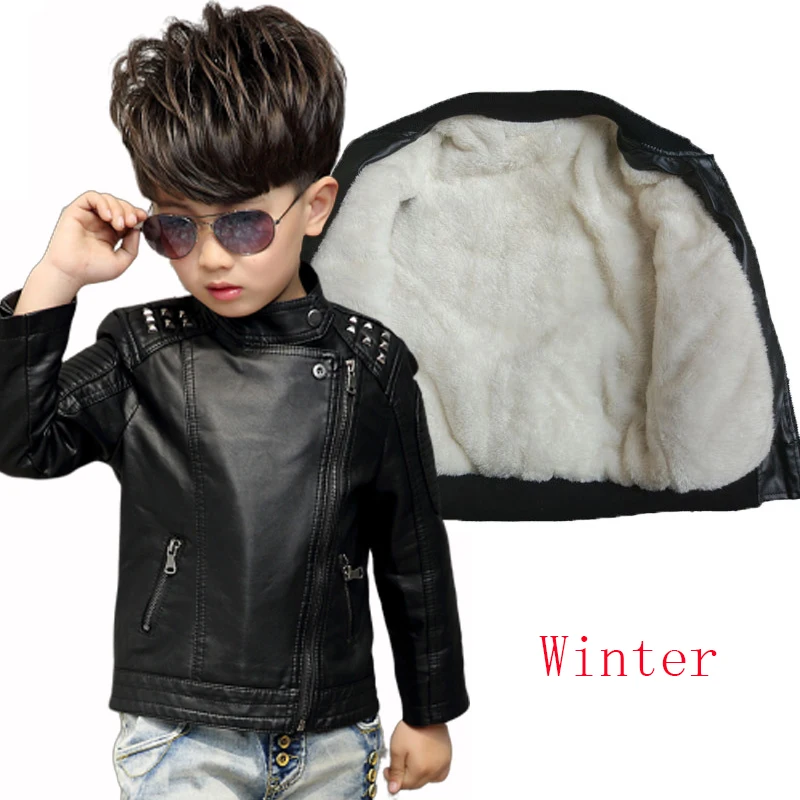 Black Winter Кожаные куртки для мальчиков 24 мес.-16 лет Детское пальто зимняя одежда для маленьких девочек плотные куртки для маленьких мальчиков, зимний комбинезон Vlvet, детские топы - Цвет: Black Winter