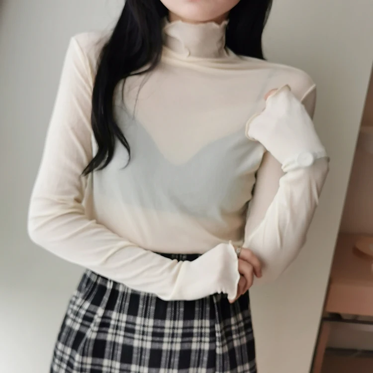 Spring Autumn Women's Sexy See-Through Mesh Blouse Female Long Sleeve Transparent Elegant Shirt Fashion Women Tops