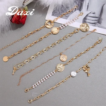 

DAXI New Five styles Golden Metal Hanging ornament Natural Pearl Rhinestone Bracelets for Women Girls Party Jewelry Gifts