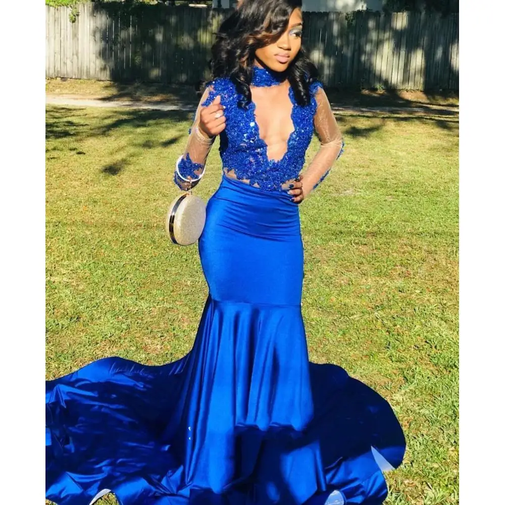 Royal Blue Prom Dresses Mermaid High Neck Long Sleeves Lace Appliques Beads Evening Formal Dress For Black Girls CP181