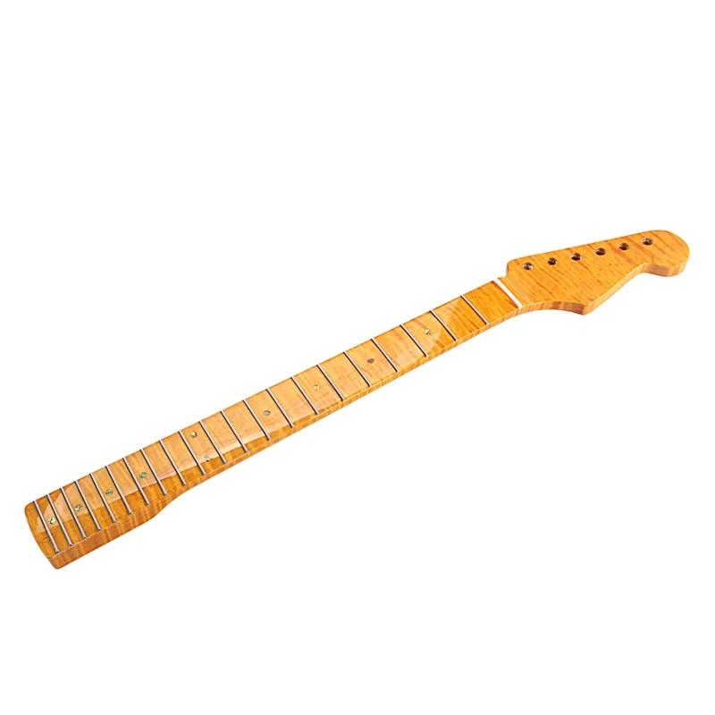 

21 Fret Tiger Flame Maple Guitar Neck Replacement Guitar Neck for ST Electric Guitar Abalone Dots Natural Yellow Glossy