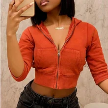 

Sexy Fashion Nine-point Top Long Sleeve Zipper Hoodie Top Ladies Autumn and Winter Clothes Streetwear Ladies Jacket Pocket Top