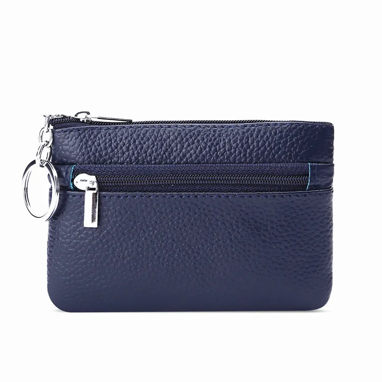 Бумажник для ключей из натуральной кожи большого размера, популярный маленький кошелек для монет, сумка для автобусной карты, передний и задний двойной карман на молнии - Цвет: blue