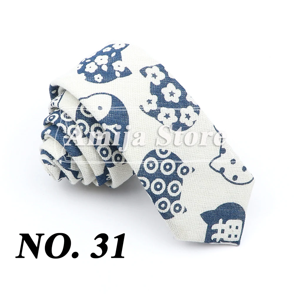 High Quality Cute Linen Cartoon Tie For Men Cat Polar Bear Watermelon Waves Printed Funny Gift Animal Narrow Striped Slim Cravat