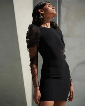 

2020 Women Sexy Full Sleeve Designer Puff Sleeve Lace Black Bandage Dress Evening Celebrity Chic Dress Vestido