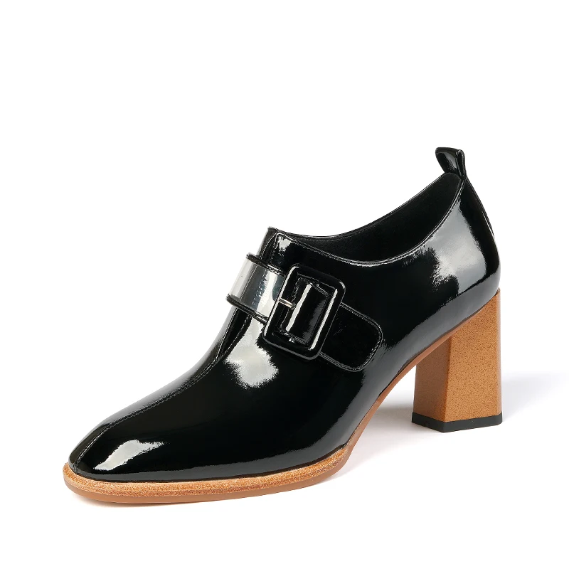 Genuine leather high square heels women shoes buckle spring autumn office ladies shoes size 34-41 black beige dress shoes woman - Цвет: Черный