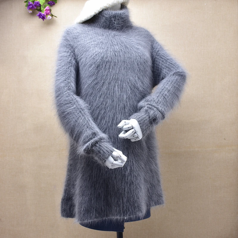 

Top Winter Women Medium-long turtleneck solid dress Sweater Angora fur knit pullover Mink Cashmere plush Sweater mejur femme