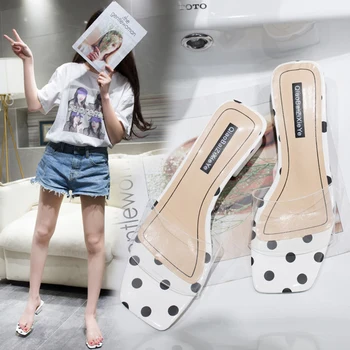 

Shoes Slippers Casual Square heel Transparent Heel Slipers Women Med Slides Loafers Luxury Block 2020 Summer Fashion Rome PU