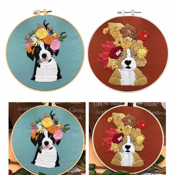 

Embroidery Starters Kit Dogs Cross Stitch Handmade DIY Craft with Hoop 2 Set Handmade Needlework Wall Art Embroidery
