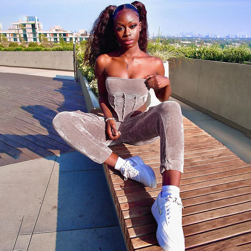 

Sexy Slim Solid Women's 2 Piece Sets Hot Winter 2020 New Fashion Sleeveless Strapless Crop Tops and Long Trousers Flannelette