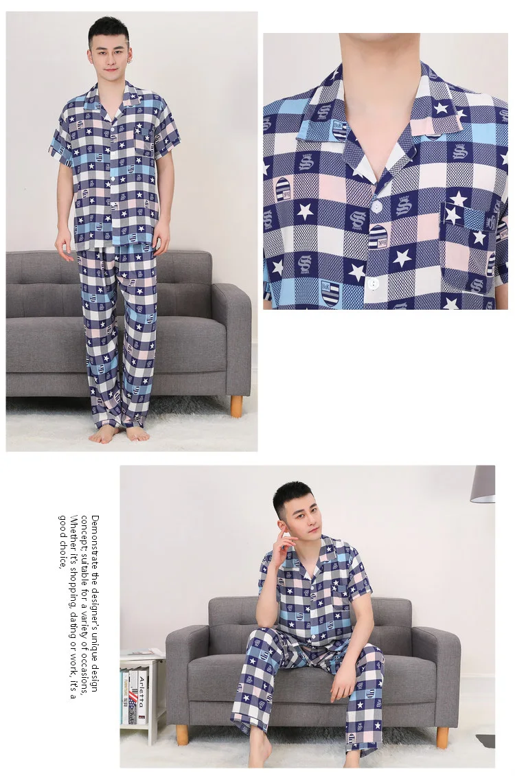 2019 летняя новая брендовая мужская Тонкая Хлопковая пижама, комплект из двух предметов, свободная Пижама, Повседневная Домашняя одежда