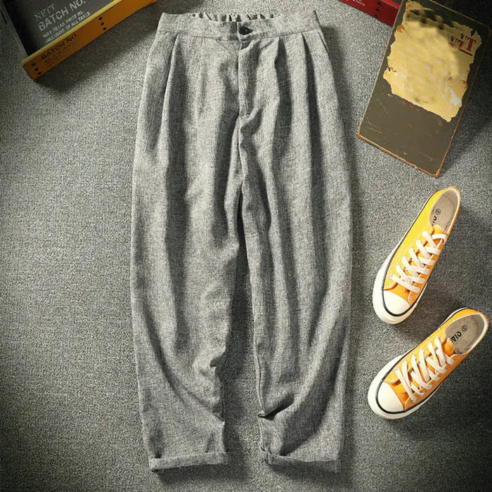 Grey Красивые модные мужские брюки из натурального хлопка и льна; летние брюки; повседневные мужские однотонные узкие прямые свободные штаны-шаровары длиной до щиколотки - Цвет: Grey