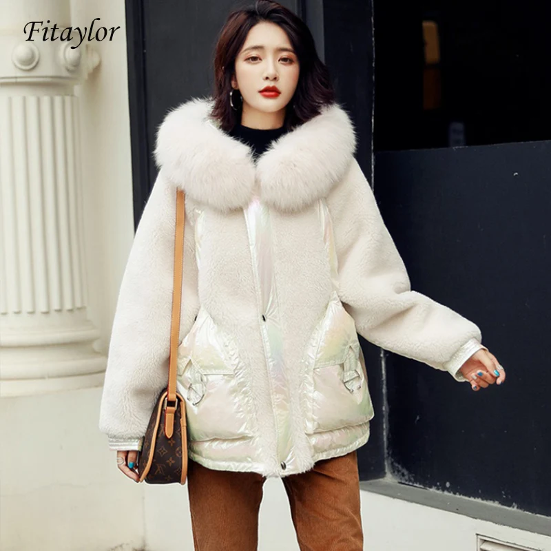 

Fitaylor New Women Natural Fox Fur Coat Duck Down Jacket Bright Side Hooded Parkas Female Wool Patchwork Down Outwear