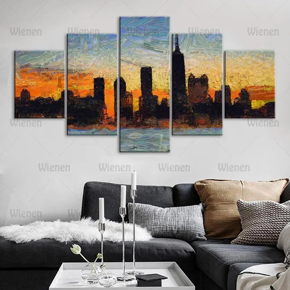 

Wall Art Canvas 5 Panel HD Printed Sunrise Glow Pictures Buildings Home Decor Modular City Landscape Painting Frame For Bedroom