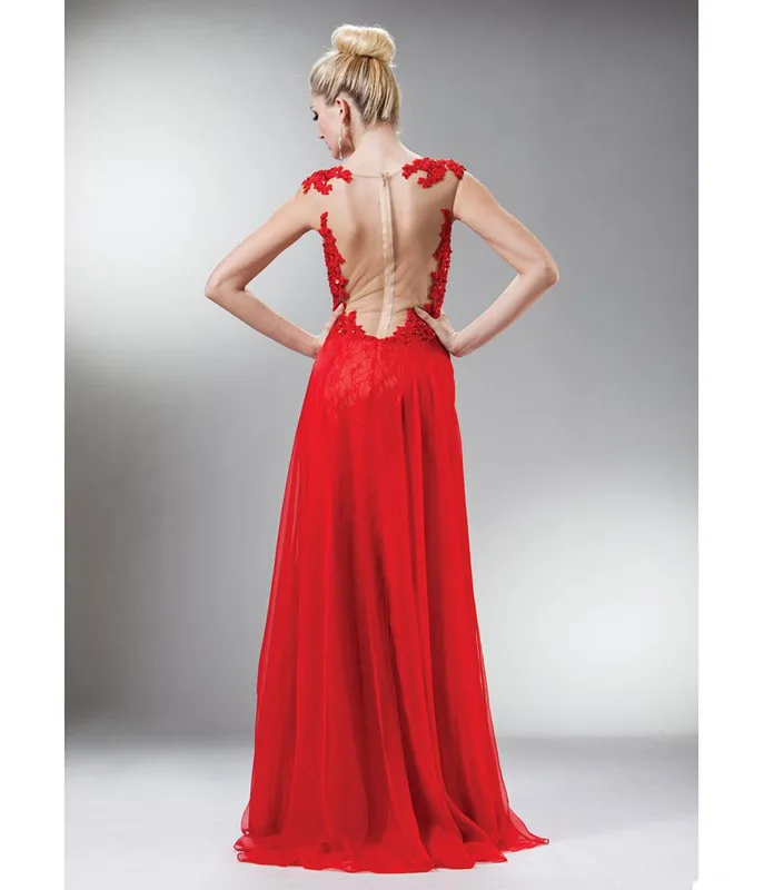 Red Prom Sheer Bateau Neckline Lace Party Evening Appliques Crystal Long Graduation gown mother of the bride dresses