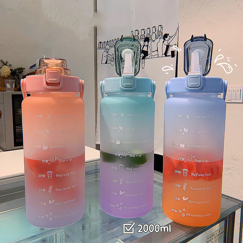 2L Water Bottle With Time Marker For Girl Fitness Jugs Large Capacity Portable Sports Gym Big Drink Bottle With Straw BPA Free