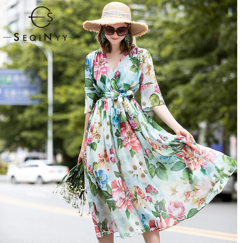 

SEQINYY Holiday Dress 2020 Summer Spring New Fashion Design Women Half Sleeve Green Leaf Flowers Print Light Blue Chiffon Dress