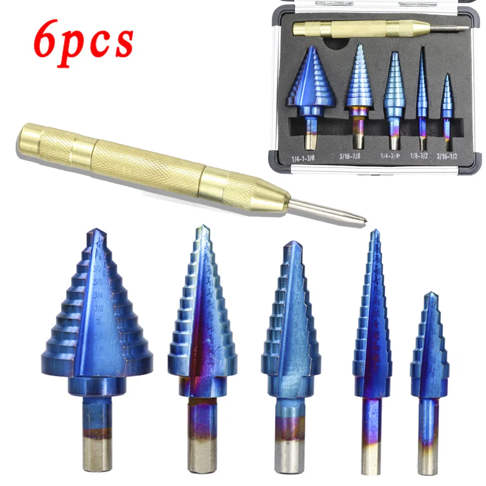 

6pcs Cutting Wood Metal Step Drill Bit Center Punch Deburring High Speed Steel