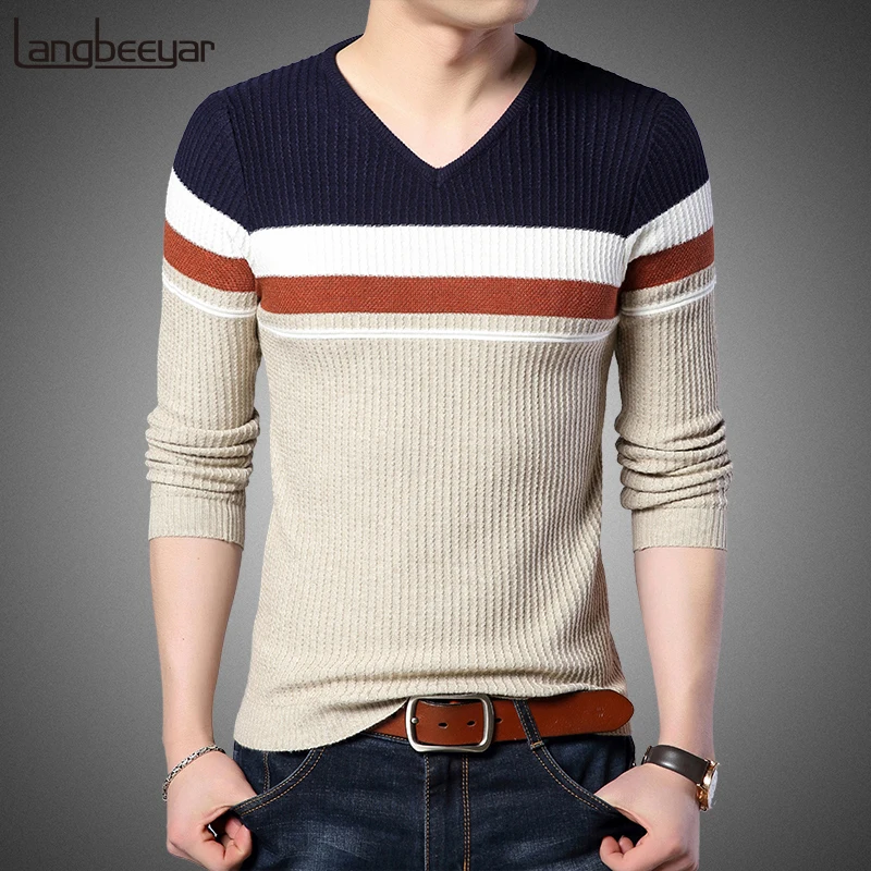 

New Fashion Brand Sweater For Mens Pullovers V Neck Slim Fit Jumpers Knitred Striped Autumn Korean Style Casual Men Clothes