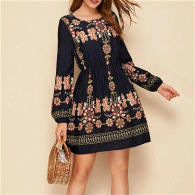 Fashion Female's Short Vestido New Floral Pattern Long Sleeves Mini Dress Ladies' Loose Casual Holiday Dresses Autumn Hot _ - Mobile