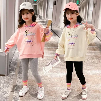

Girl's Hoodies 2020 Spring Autumn Big Children's Korean Cotton Hooded Pullover Sweatshirt Girl Letter Casual Sportswear Clothing