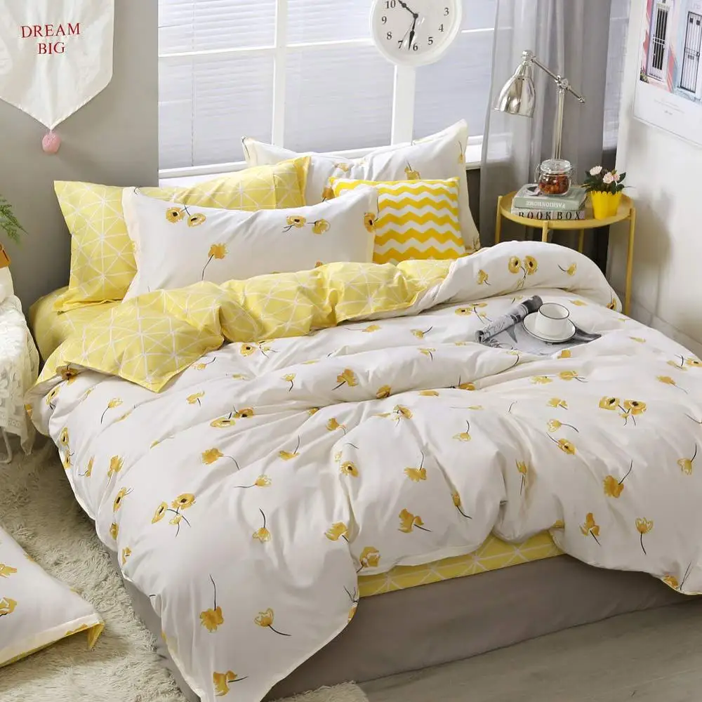 Yellow Flowers Bedding Luxury Floral Duvet Cover Set Lucky Clovers and Yellow Plaid Reversible Design Flower Comforter Cover