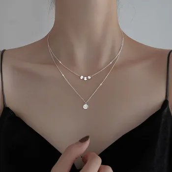 

925 Sterling Silver Double-layer Round Bead Pendant Necklace Simple Fashion Female Clavicle Chain dz295