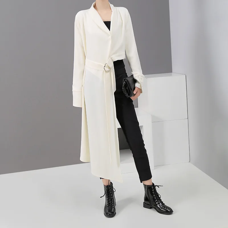 

[YaLee] New Fashion 2019 Summer Autumn Simple Notched Long Sleeve Sashes Button Asymmetrical Loose Blouse Shirt Women N114