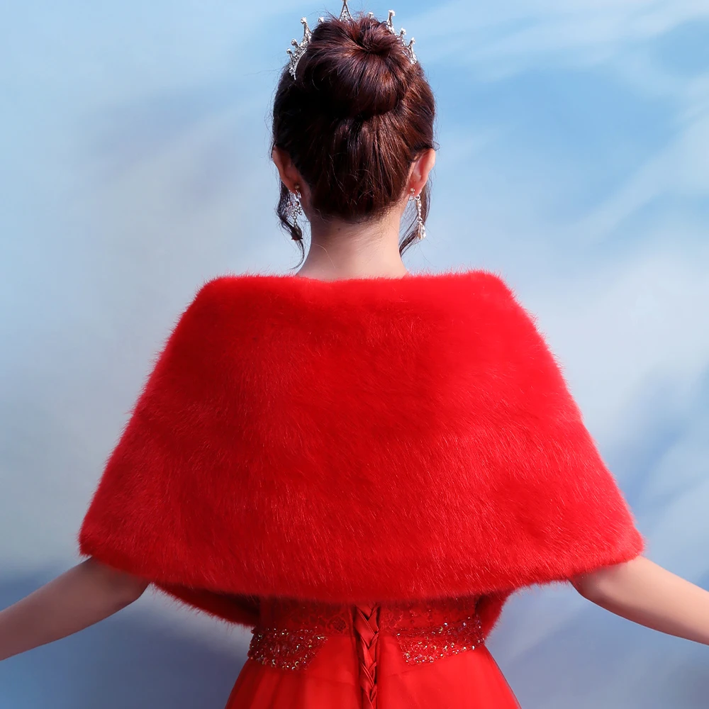 Женская бордовая Свадебная накидка, зимняя теплая шаль из искусственного меха, элегантная винтажная вечеринка, накидка на выпуск