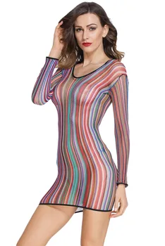 

Exotic Stripe Fishnet Chemise Dress Mujer Babydolls Sleepwear Nightwear Lingerie Women lenceria rainbow Sexy underwear