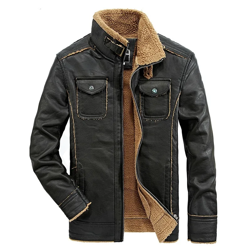 

Tide Brand Winter Military Leather Jacket Men Fur Thick Warm Fleece Bomber Jacket Multi-Pocket Motorcycle Faux Leather Jacket