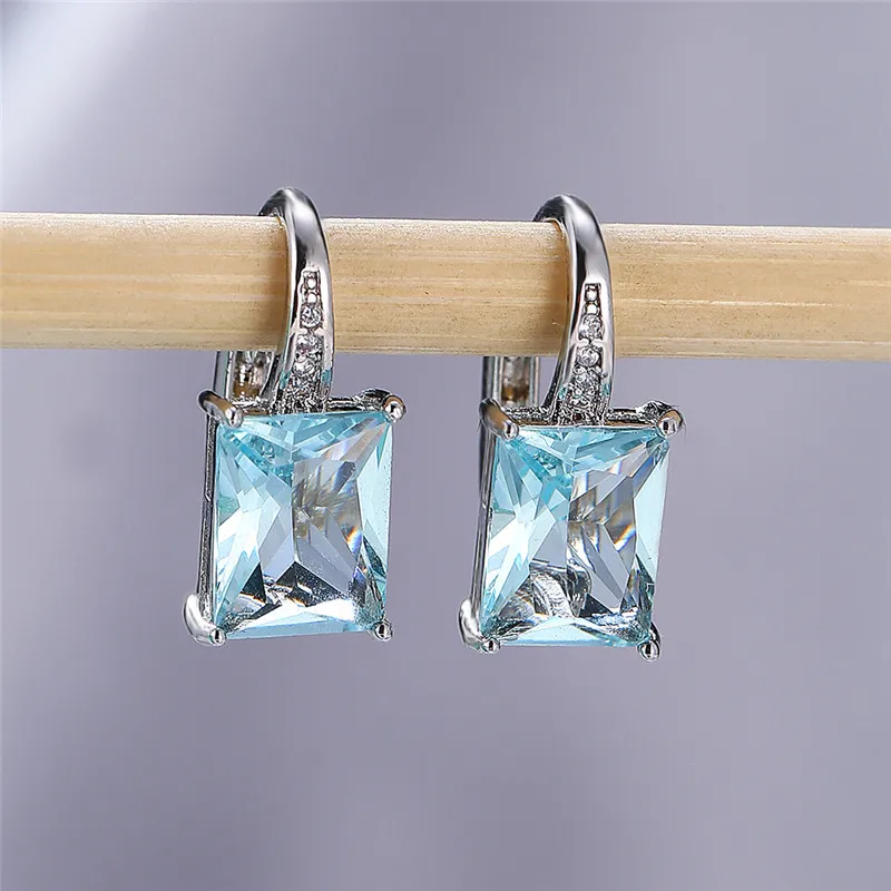 Simple Female Aqua Blue Crystal Jewelry Cute Silver Color Small Clip Earring Dainty Rainbow Square Wedding Earrings For Women