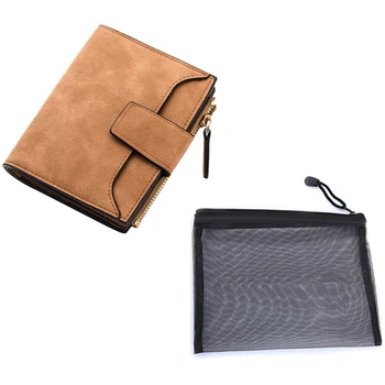 

2 Pcs Bag:1 Pcs Makeup Case Transparent Beauty Wash Kit Bags & 1 Pcs Women Hasp Cards Holders Wallets Brown