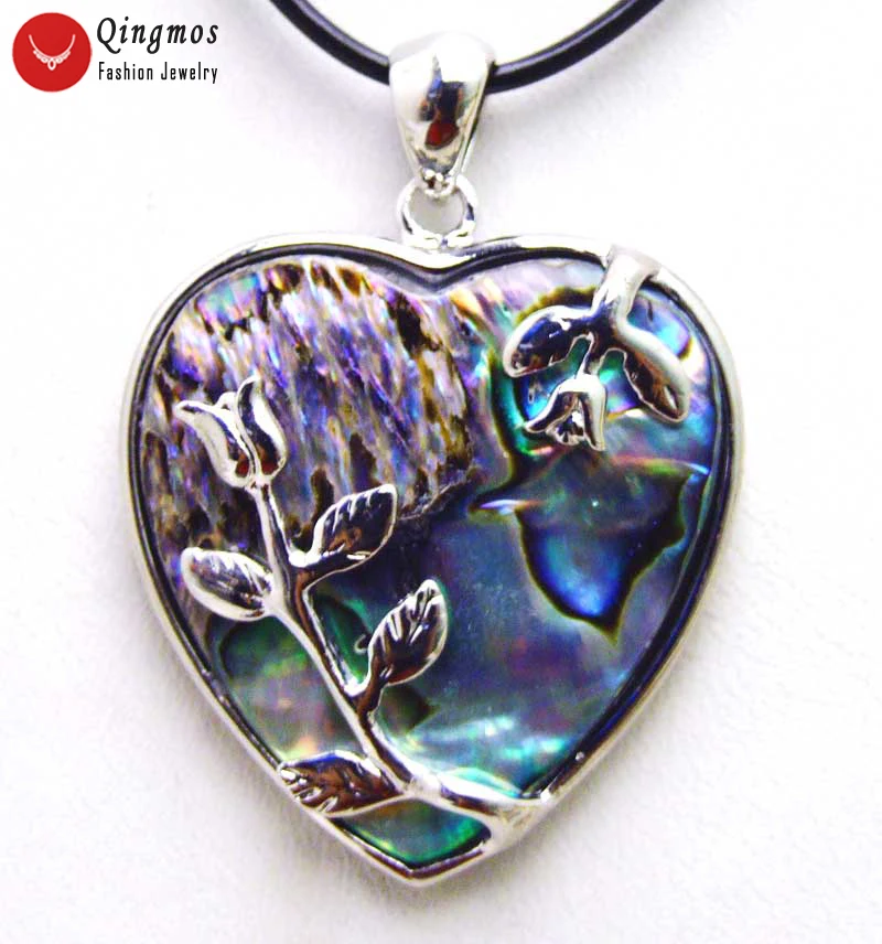 Heart Qingmos Trendy 45mm Rhombus Pendant Necklace for Women with Blue Natural Sea Abalone Shell and Leather Cord Chokers 17" pen31 - Окраска металла: Heart