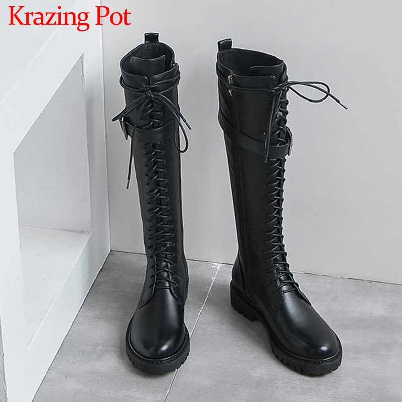Krazing Pot/Новинка года; фирменный модный винтажный из бычьей кожи; зимние женские сапоги до бедра с круглым носком на молнии и с пряжкой; L49