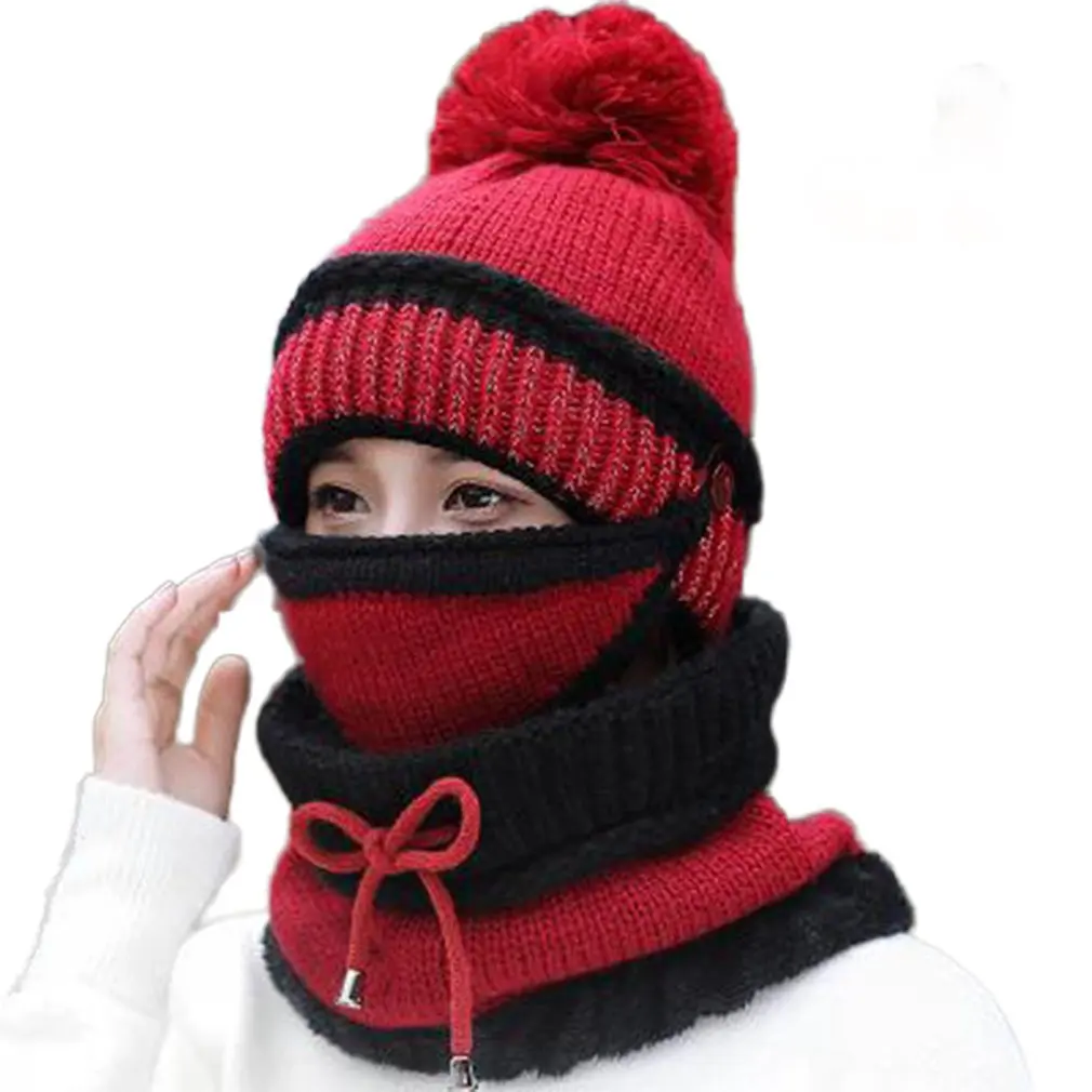 2020 Brand Winter 3Pcs Sets Women Knitted Beanies Hats Thick Warm Bib Mask Skullies Hat Female Bonnet Beanie Caps Outdoor Riding photo
