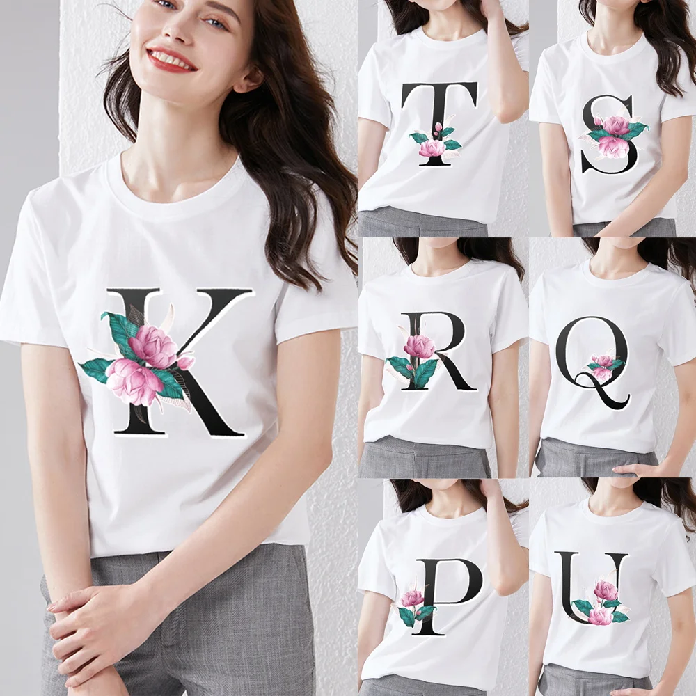 

Women's T-shirt 26 Letters Floral Print Top T-shirt Fashion Classic White Women's Short-sleeved Summer Casual O-neck Ladies Wear