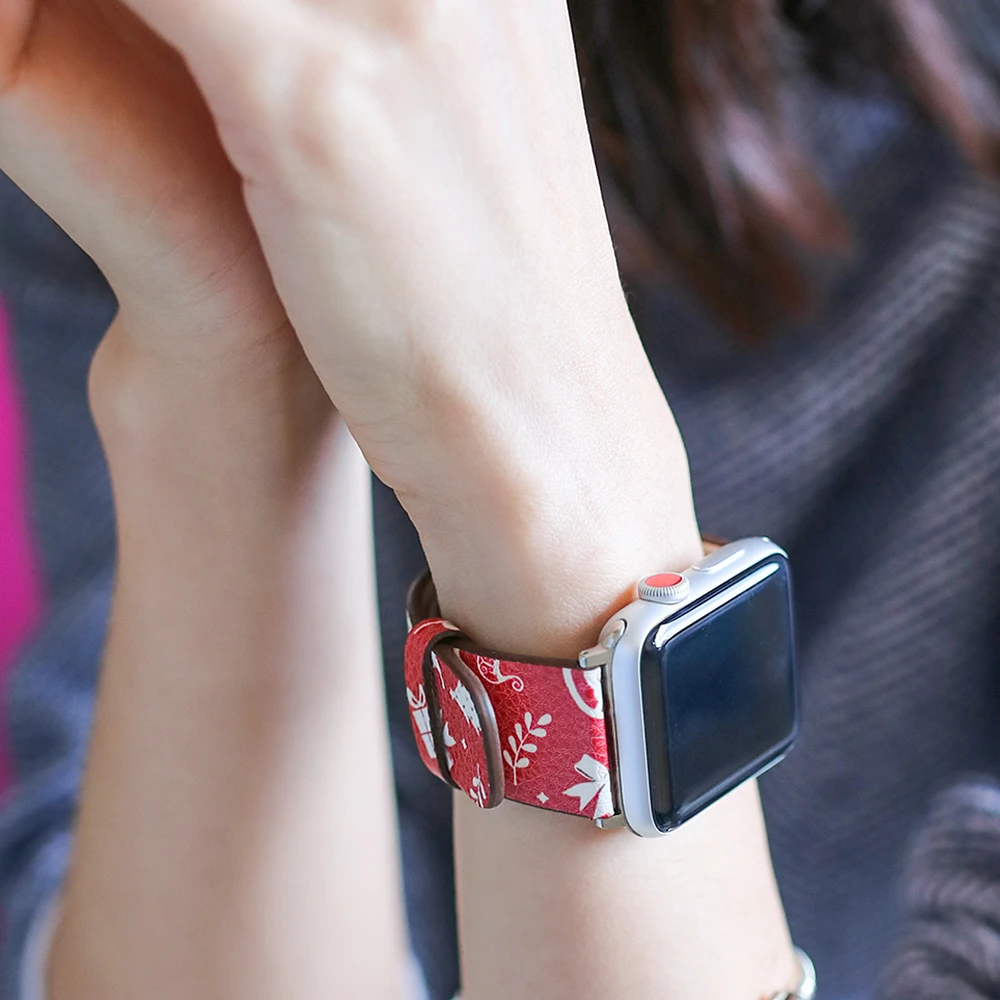 Рождественский подарок, ремешок для часов из натуральной кожи для Apple Watch 5, 4, 38 мм, 42 мм, 40 мм, 44 мм, ремешок для iWatch 123
