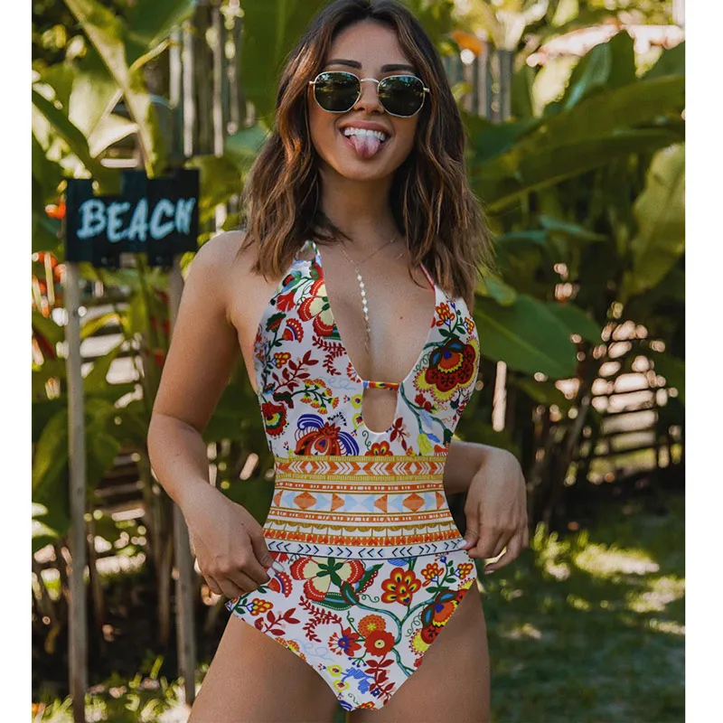 

2019 Sexy One Piece Swimsuit Brazilian Vintage Bathing Suit Beach Wear Hollow Out Swimwear Women Monokini Print Bodysuit Bandage