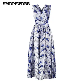 

Summer Fashion Multiple Wearing Methods African Women V-neck Large Swing Skirt Digital Feather Printing Long Dress Split Dress