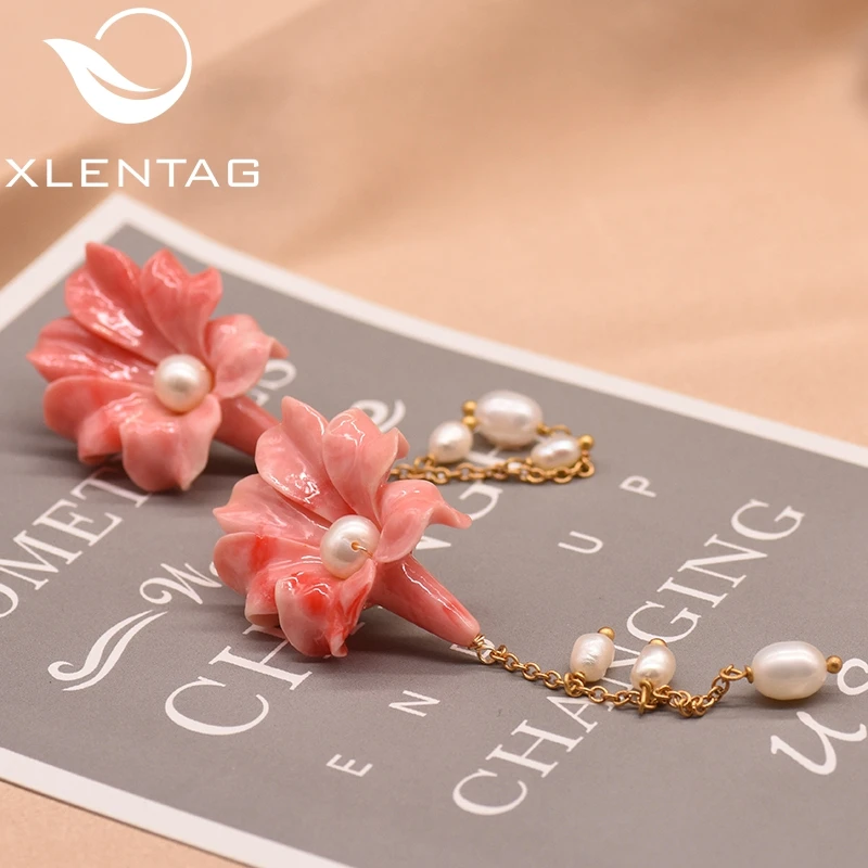 XlentAg 925 серебро Коралловый Розовый цветок висячие серьги для женщин натуральный жемчуг подвеска на цепочке Сережки для пирсинга Новинка GE0006