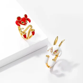

S925 sterling silver rabbit epoxy resin enamel personalized opening ladies ring