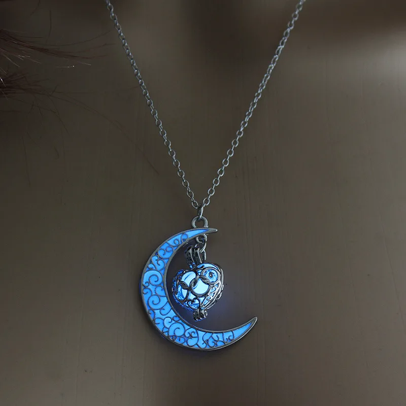 Moon and heart glow in the dark necklace pendant jewelry USA Seller 