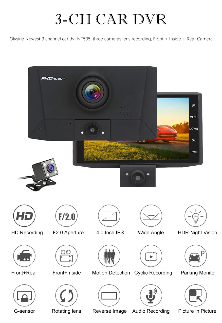 Olysine 3 камера s объектив Автомобильный видеорегистратор 4 дюйма ips HD двойной объектив Dash Cam водительские последней модели видео рекордер 3-CH Dash камера Авто Регистратор