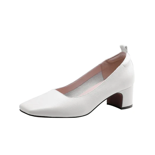 pumps genuine leather chunky brown medium heels slip on size 4 34 runway block square toe fashion shoes luxury women thick - Color: Beige