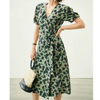 

100% Silk Women Wrap Midi Dress 2020 Spring Summer Print V-neck Short Puff Sleeve Sundress Female Lace-up Dresses