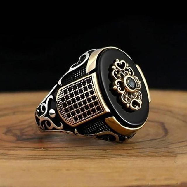 Silver Color Turkish Handmade Engraving Pattern Men's Ring Inlaid Big Blue Zircon Ring Gothic Punk Ring Muslim Jewelry