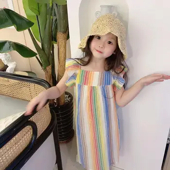 

May 12th 2020 girls dresses summer 60% linen 40% cotton rainbow candy color striped fashion girl dress summer kids clothing