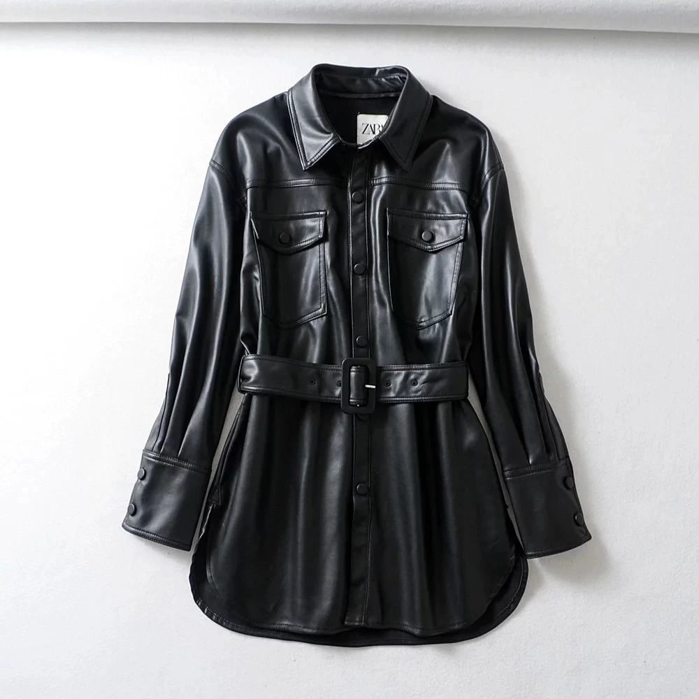 black Faux leather jacket Women Slim PU Jackets Women Elegant Tie Belt Waist biker jacket Female leather coat full winter